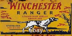 Winchester Ranger Shot Shells Dog 24 Heavy Duty USA Made Metal Aged Adv Sign